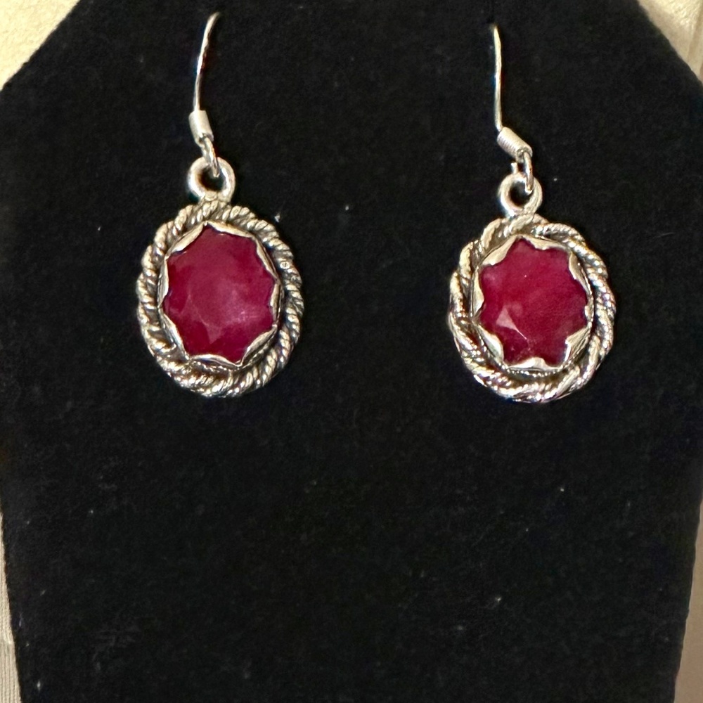 925 Sterling silver – large, genuine oval ruby hook earrings. Rope decoration